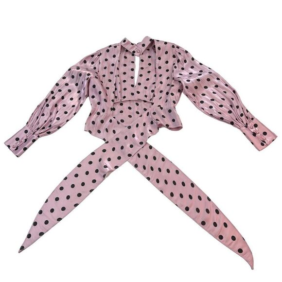 Pre-Loved Deco Lux Open Back Blouse Long Sleeve Crop Top Purple Black Dots US S - Picture 7 of 14